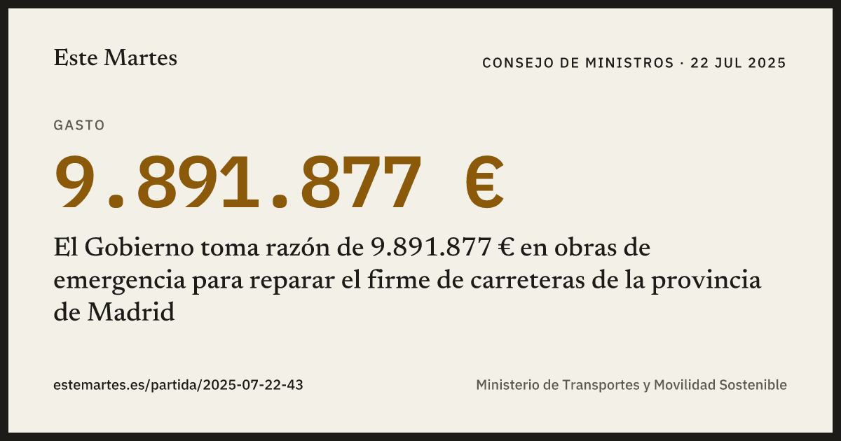 Tarjeta: El Gobierno toma razón de 9.891.877 € en obras de emergencia para reparar el firme de carreteras de la provincia de Madrid