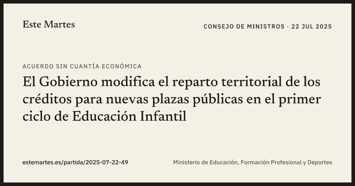 Tarjeta: El Gobierno modifica el reparto territorial de los créditos para nuevas plazas públicas en el primer ciclo de Educación Infantil