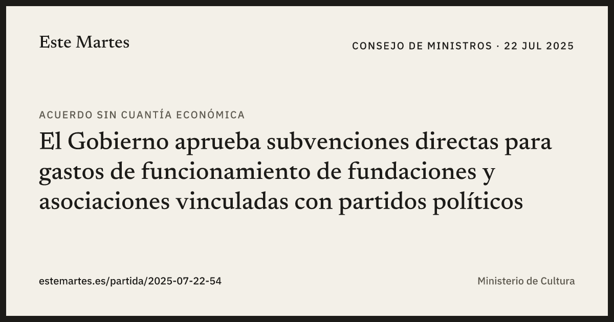 Tarjeta: El Gobierno aprueba subvenciones directas para gastos de funcionamiento de fundaciones y asociaciones vinculadas con partidos políticos