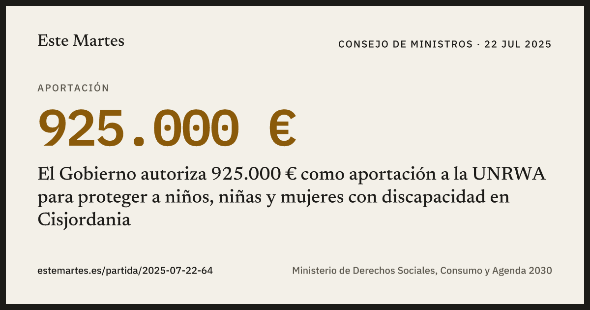 Tarjeta: El Gobierno autoriza 925.000 € como aportación a la UNRWA para proteger a niños, niñas y mujeres con discapacidad en Cisjordania