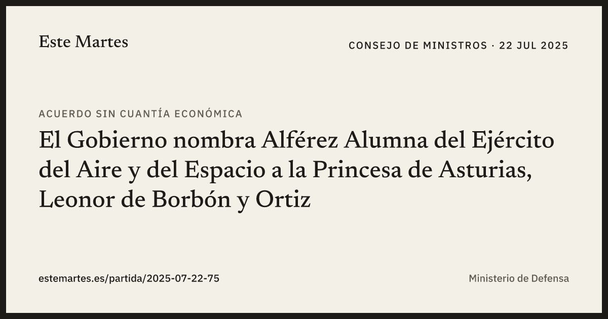 Tarjeta: El Gobierno nombra Alférez Alumna del Ejército del Aire y del Espacio a la Princesa de Asturias, Leonor de Borbón y Ortiz
