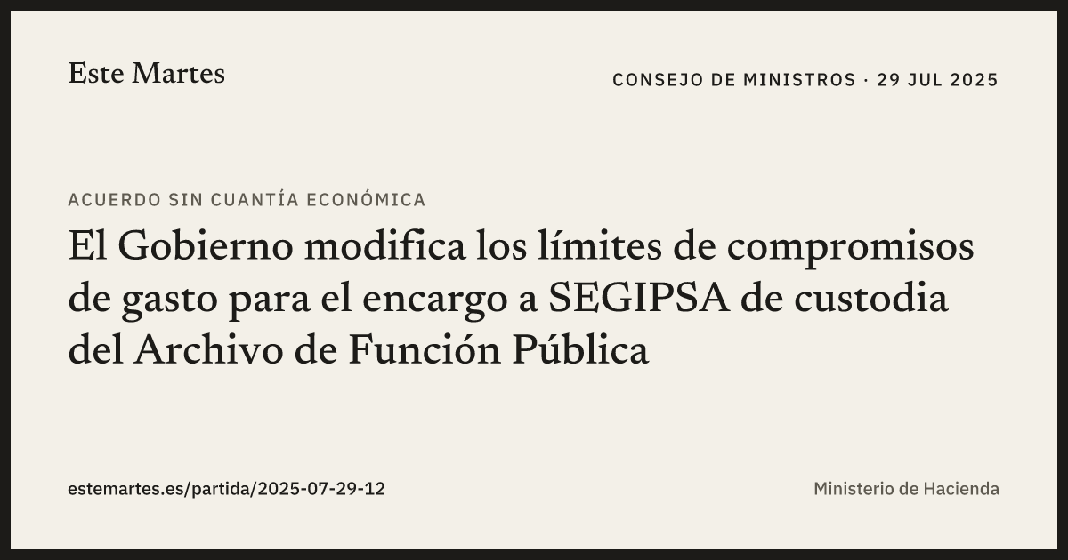 Tarjeta: El Gobierno modifica los límites de compromisos de gasto para el encargo a SEGIPSA de custodia del Archivo de Función Pública