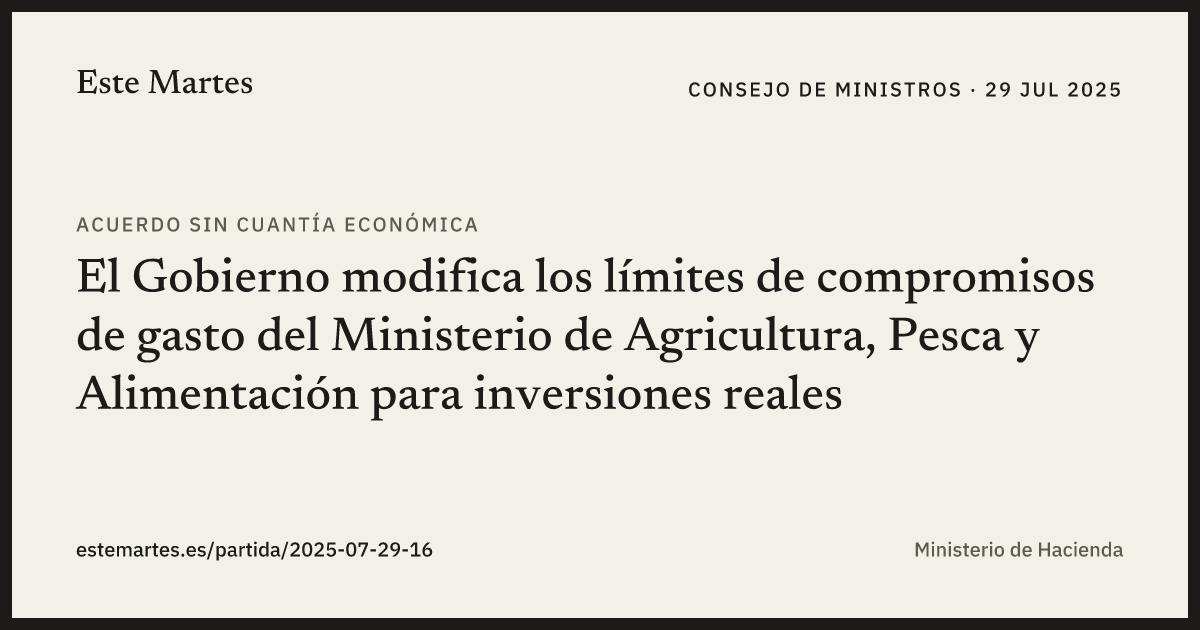 Tarjeta: El Gobierno modifica los límites de compromisos de gasto del Ministerio de Agricultura, Pesca y Alimentación para inversiones reales
