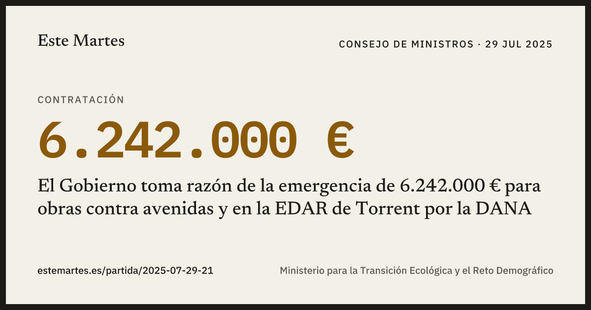Tarjeta: El Gobierno toma razón de la emergencia de 6.242.000 € para obras contra avenidas y en la EDAR de Torrent por la DANA