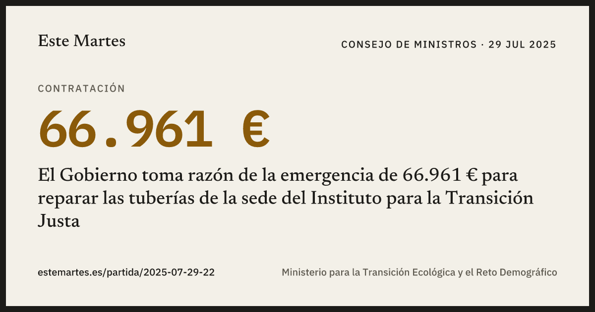 Tarjeta: El Gobierno toma razón de la emergencia de 66.961 € para reparar las tuberías de la sede del Instituto para la Transición Justa