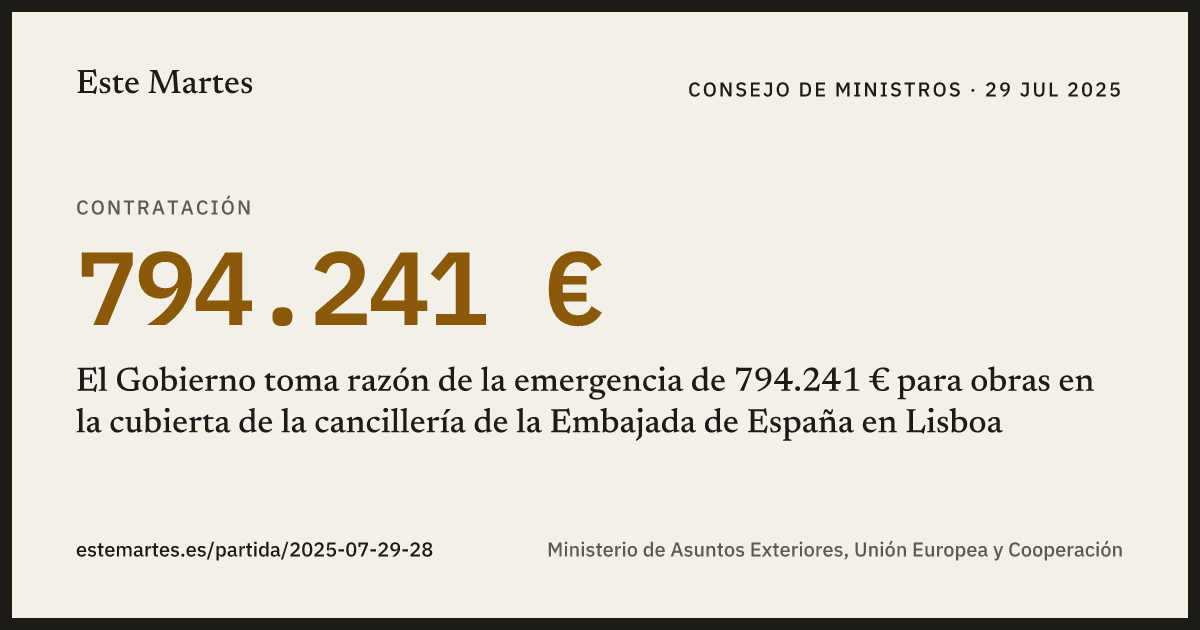 Tarjeta: El Gobierno toma razón de la emergencia de 794.241 € para obras en la cubierta de la cancillería de la Embajada de España en Lisboa