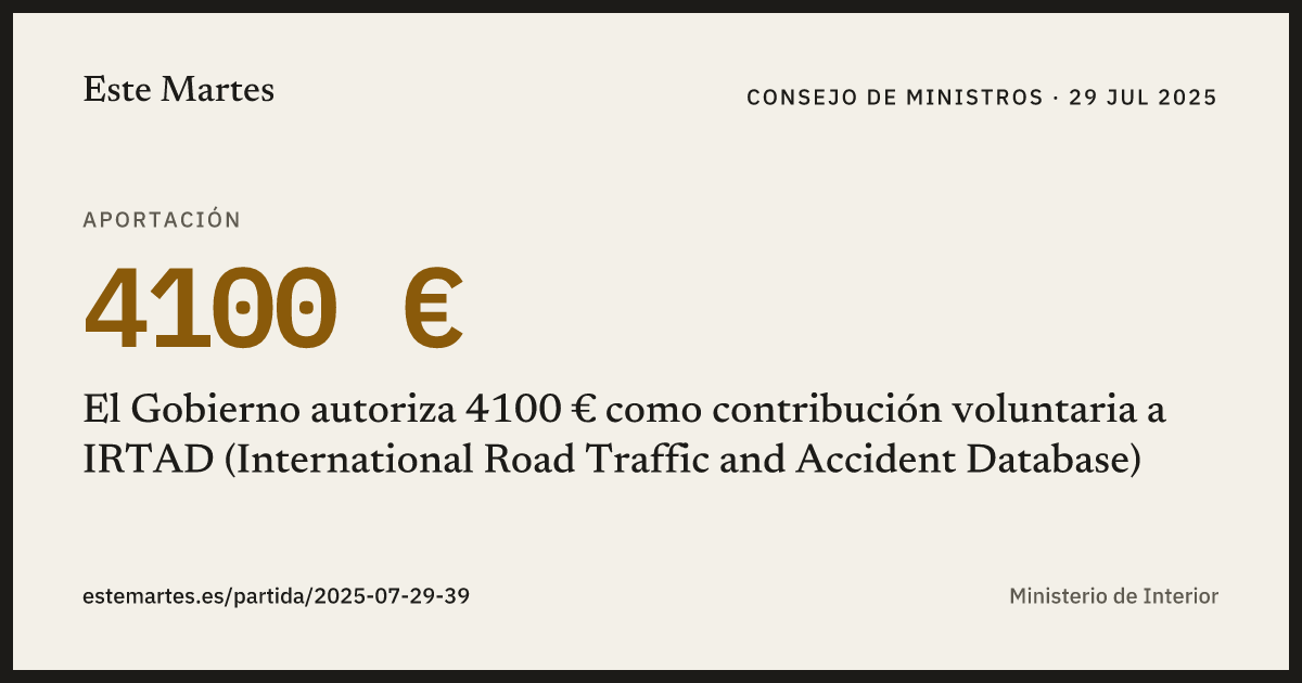 Tarjeta: El Gobierno autoriza 4100 € como contribución voluntaria a IRTAD (International Road Traffic and Accident Database)