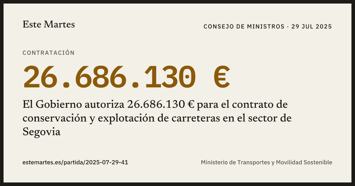 Tarjeta: El Gobierno autoriza 26.686.130 € para el contrato de conservación y explotación de carreteras en el sector de Segovia