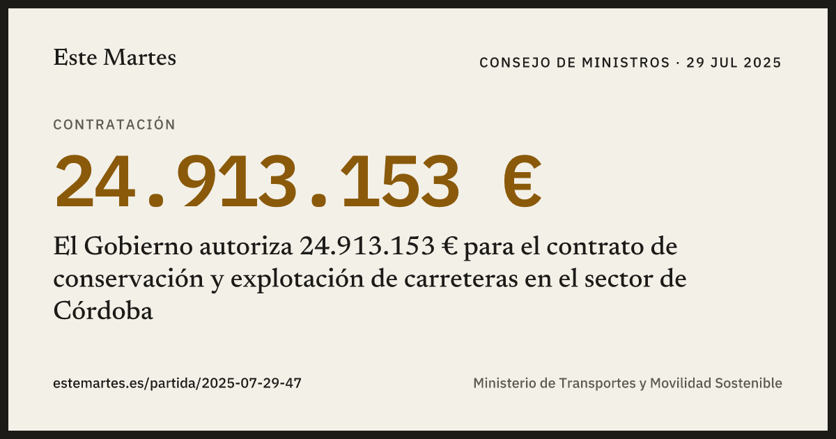 Tarjeta: El Gobierno autoriza 24.913.153 € para el contrato de conservación y explotación de carreteras en el sector de Córdoba