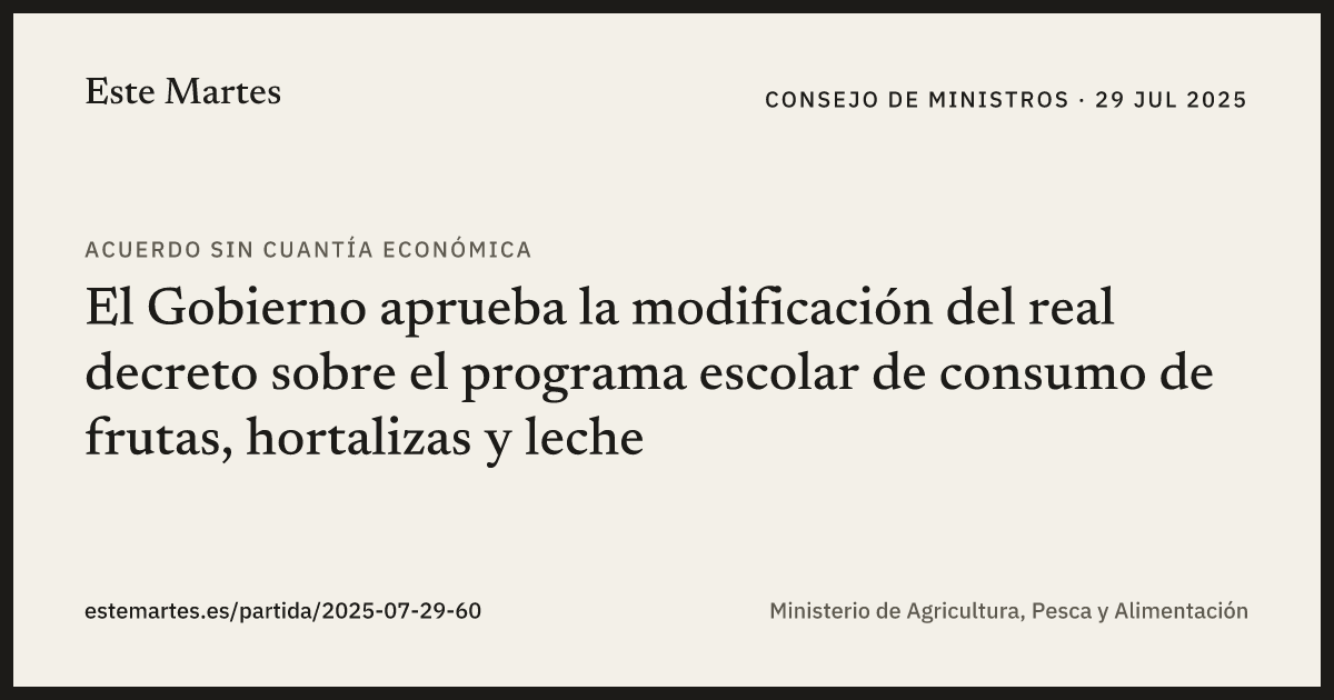 Tarjeta: El Gobierno aprueba la modificación del real decreto sobre el programa escolar de consumo de frutas, hortalizas y leche