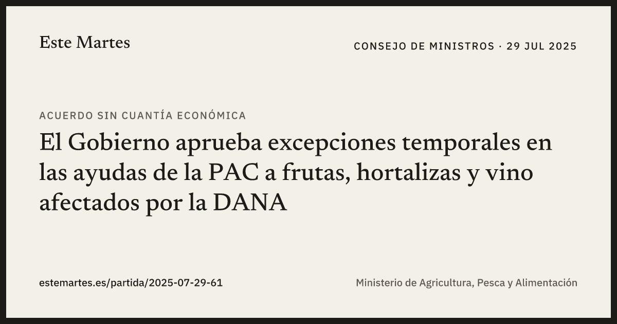 Tarjeta: El Gobierno aprueba excepciones temporales en las ayudas de la PAC a frutas, hortalizas y vino afectados por la DANA