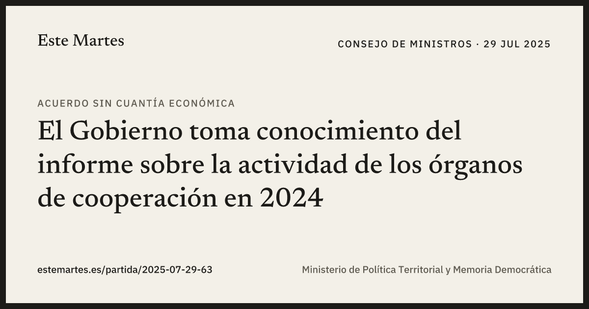 Tarjeta: El Gobierno toma conocimiento del informe sobre la actividad de los órganos de cooperación en 2024