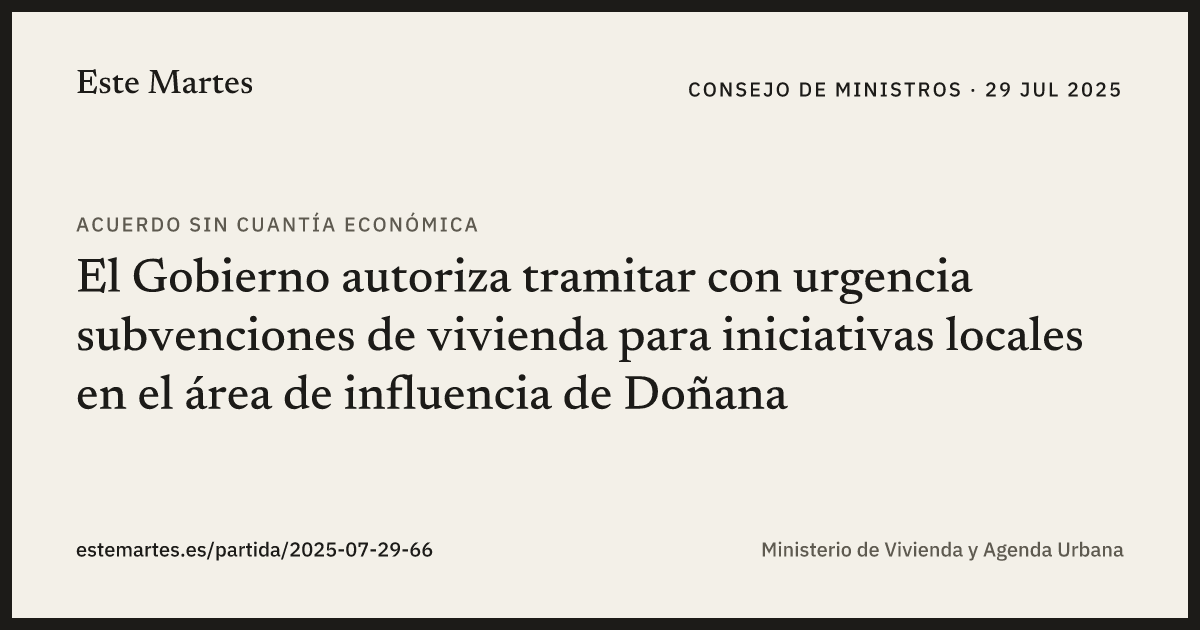 Tarjeta: El Gobierno autoriza tramitar con urgencia subvenciones de vivienda para iniciativas locales en el área de influencia de Doñana