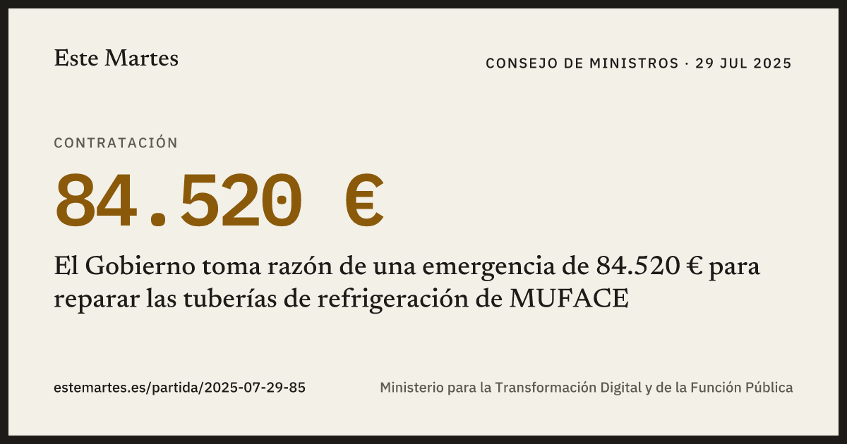 Tarjeta: El Gobierno toma razón de una emergencia de 84.520 € para reparar las tuberías de refrigeración de MUFACE