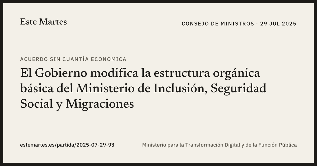 Tarjeta: El Gobierno modifica la estructura orgánica básica del Ministerio de Inclusión, Seguridad Social y Migraciones