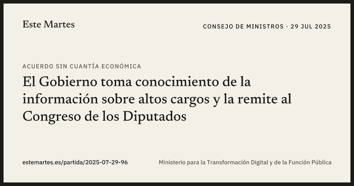 Tarjeta: El Gobierno toma conocimiento de la información sobre altos cargos y la remite al Congreso de los Diputados