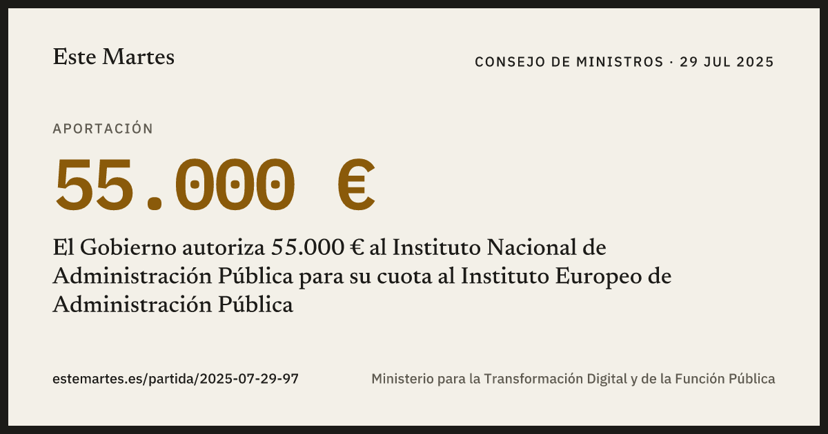 Tarjeta: El Gobierno autoriza 55.000 € al Instituto Nacional de Administración Pública para su cuota al Instituto Europeo de Administración Pública