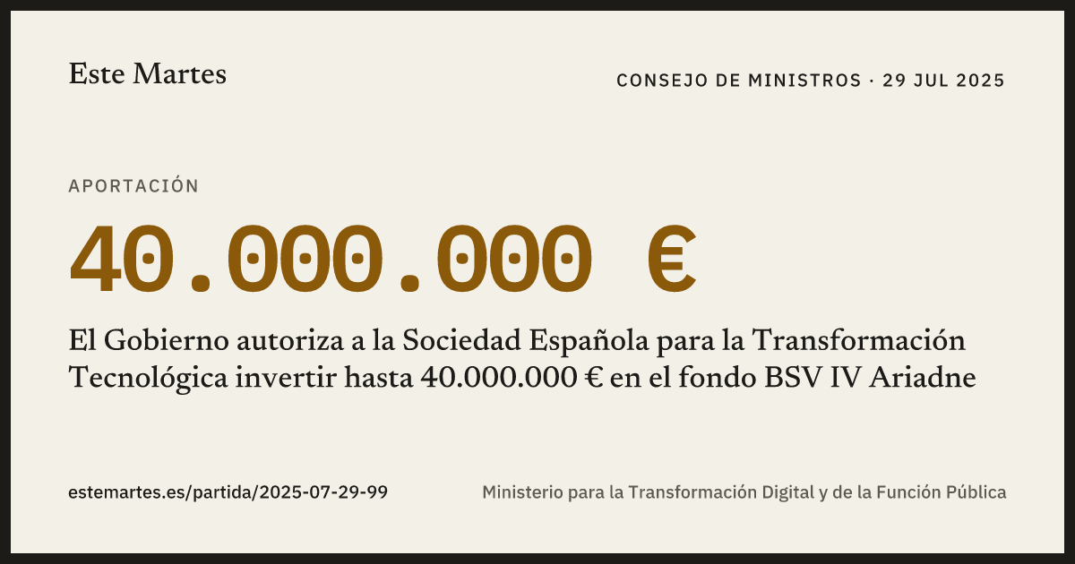 Tarjeta: El Gobierno autoriza a la Sociedad Española para la Transformación Tecnológica invertir hasta 40.000.000 € en el fondo BSV IV Ariadne