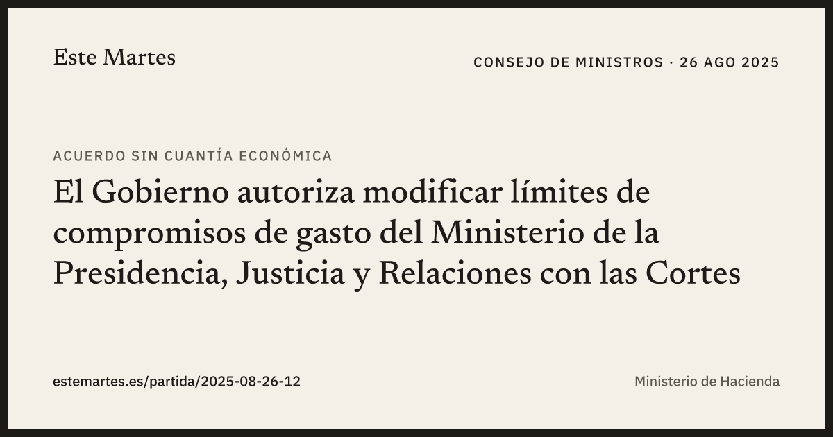 Tarjeta: El Gobierno autoriza modificar límites de compromisos de gasto del Ministerio de la Presidencia, Justicia y Relaciones con las Cortes