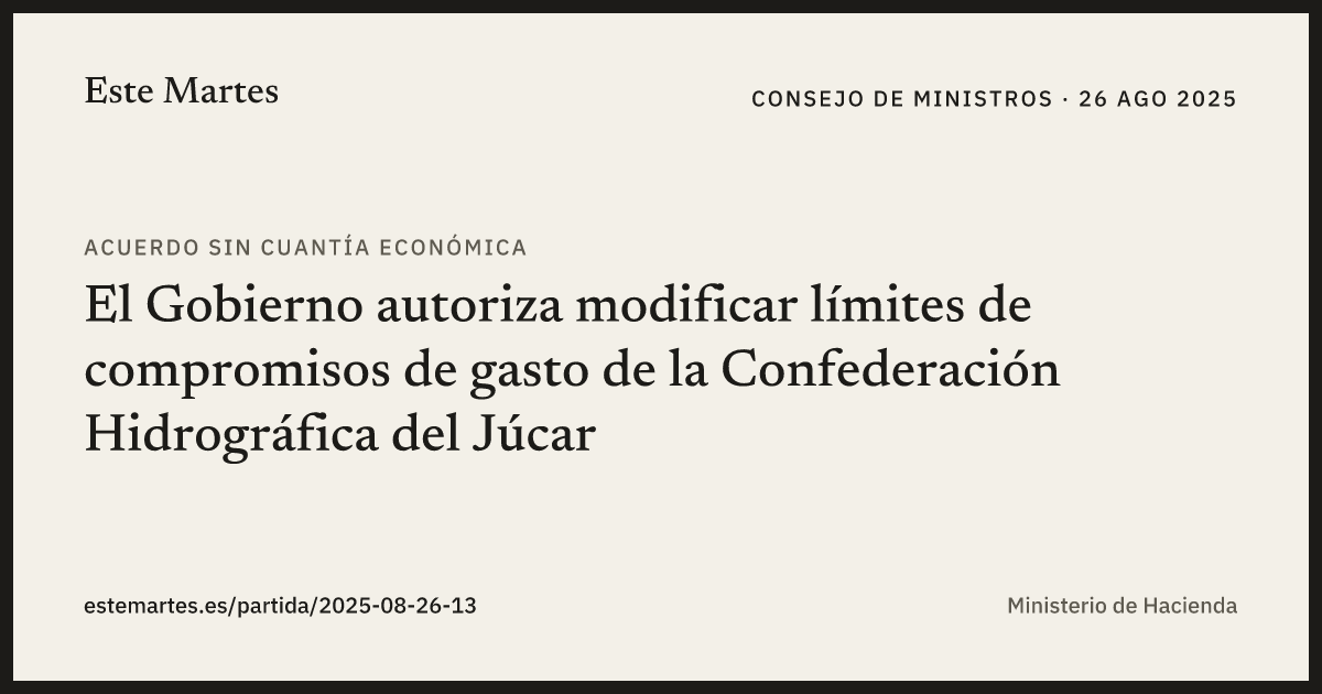 Tarjeta: El Gobierno autoriza modificar límites de compromisos de gasto de la Confederación Hidrográfica del Júcar