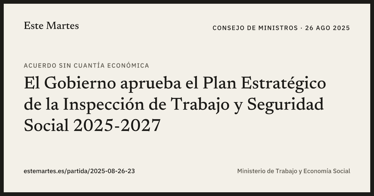 Tarjeta: El Gobierno aprueba el Plan Estratégico de la Inspección de Trabajo y Seguridad Social 2025-2027