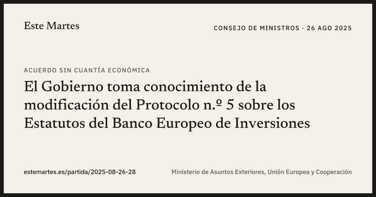 Tarjeta: El Gobierno toma conocimiento de la modificación del Protocolo n.º 5 sobre los Estatutos del Banco Europeo de Inversiones
