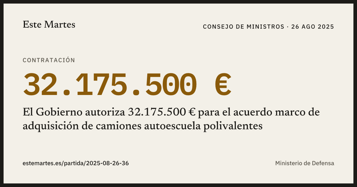 Tarjeta: El Gobierno autoriza 32.175.500 € para el acuerdo marco de adquisición de camiones autoescuela polivalentes