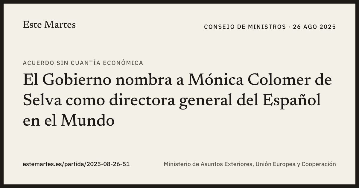 Tarjeta: El Gobierno nombra a Mónica Colomer de Selva como directora general del Español en el Mundo