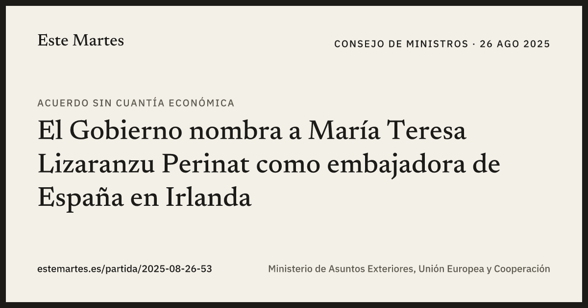 Tarjeta: El Gobierno nombra a María Teresa Lizaranzu Perinat como embajadora de España en Irlanda
