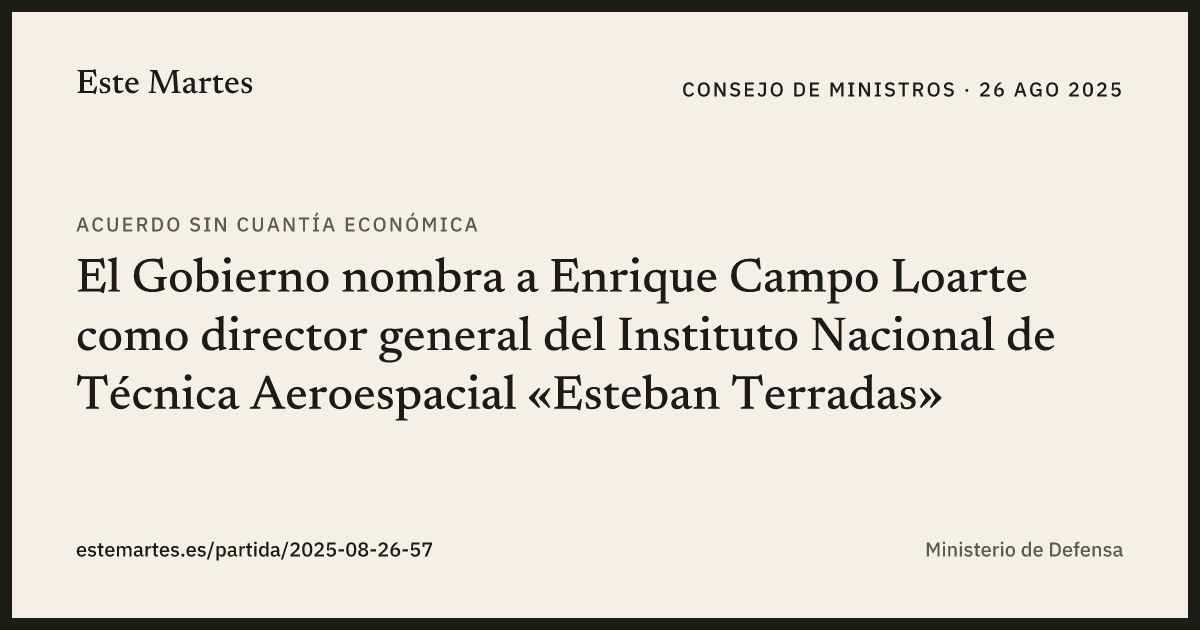 Tarjeta: El Gobierno nombra a Enrique Campo Loarte como director general del Instituto Nacional de Técnica Aeroespacial «Esteban Terradas»