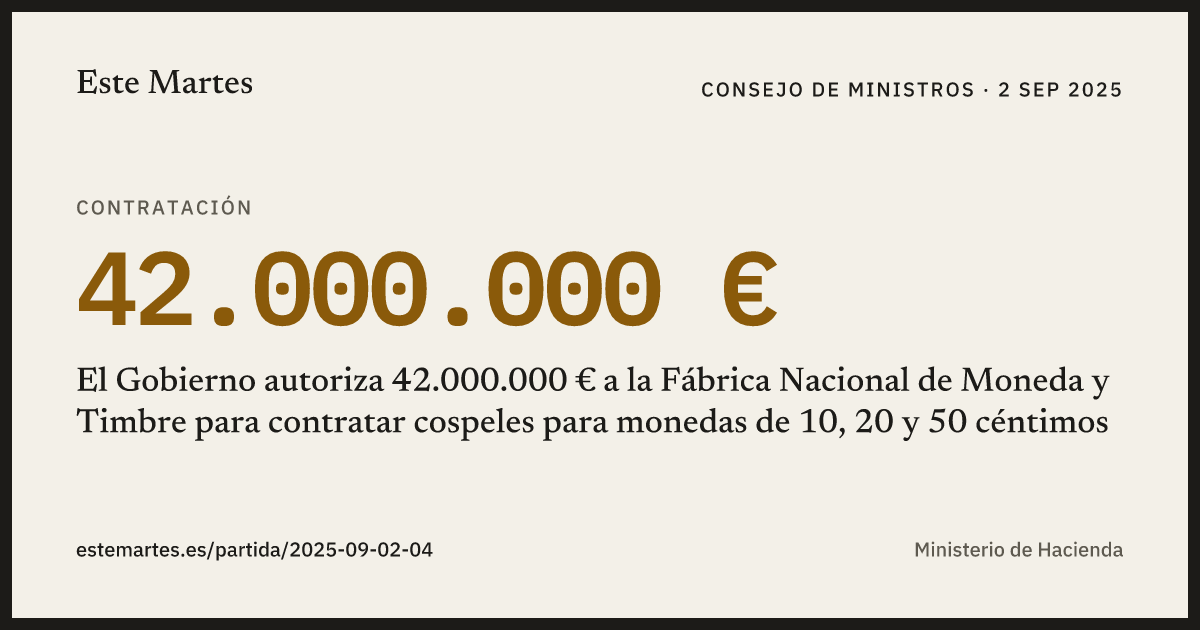 Tarjeta: El Gobierno autoriza 42.000.000 € a la Fábrica Nacional de Moneda y Timbre para contratar cospeles para monedas de 10, 20 y 50 céntimos