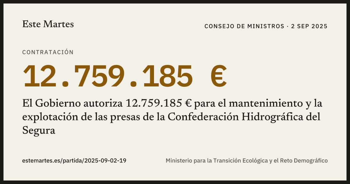Tarjeta: El Gobierno autoriza 12.759.185 € para el mantenimiento y la explotación de las presas de la Confederación Hidrográfica del Segura