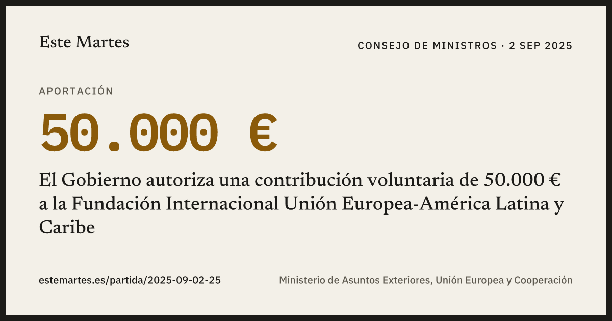 Tarjeta: El Gobierno autoriza una contribución voluntaria de 50.000 € a la Fundación Internacional Unión Europea-América Latina y Caribe