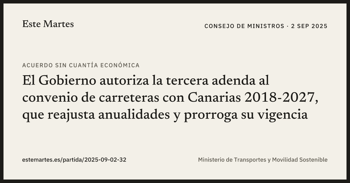 Tarjeta: El Gobierno autoriza la tercera adenda al convenio de carreteras con Canarias 2018-2027, que reajusta anualidades y prorroga su vigencia