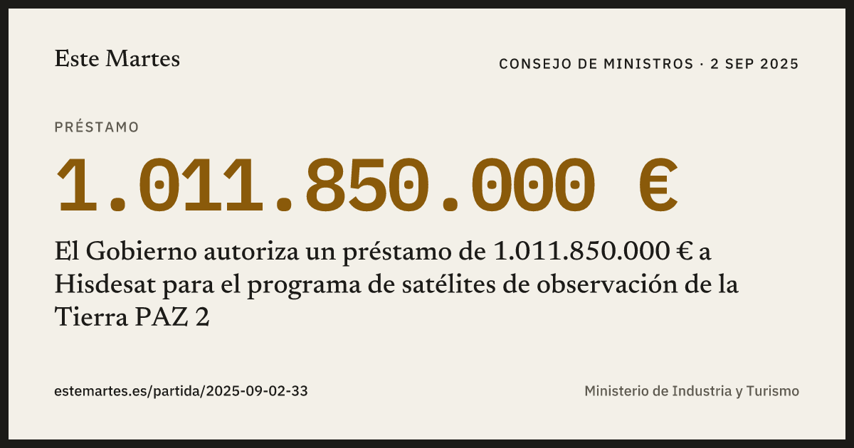 Tarjeta: El Gobierno autoriza un préstamo de 1.011.850.000 € a Hisdesat para el programa de satélites de observación de la Tierra PAZ 2