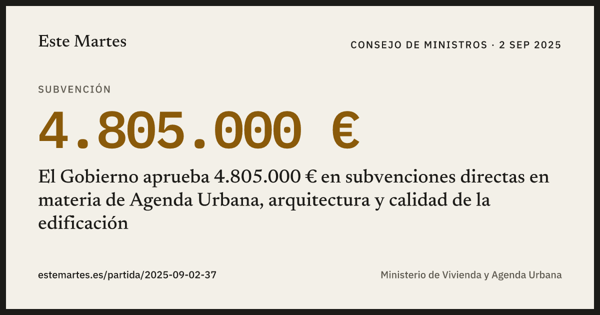 Tarjeta: El Gobierno aprueba 4.805.000 € en subvenciones directas en materia de Agenda Urbana, arquitectura y calidad de la edificación