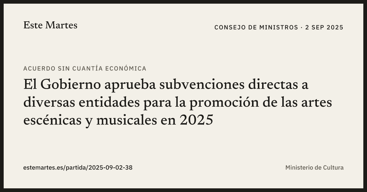 Tarjeta: El Gobierno aprueba subvenciones directas a diversas entidades para la promoción de las artes escénicas y musicales en 2025
