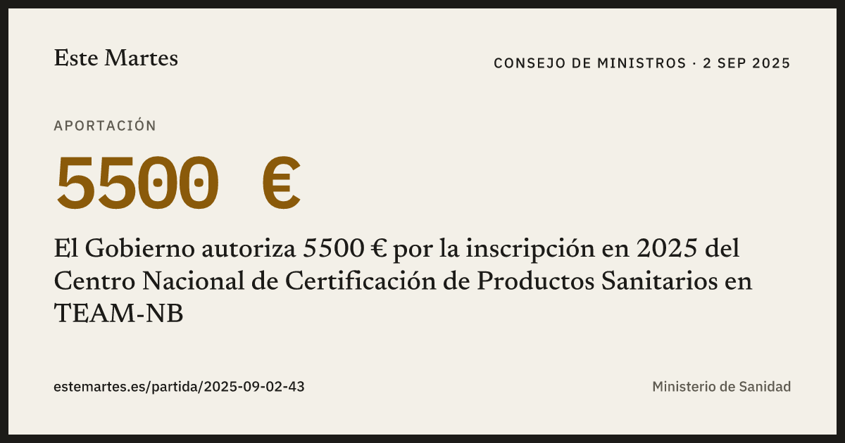 Tarjeta: El Gobierno autoriza 5500 € por la inscripción en 2025 del Centro Nacional de Certificación de Productos Sanitarios en TEAM-NB