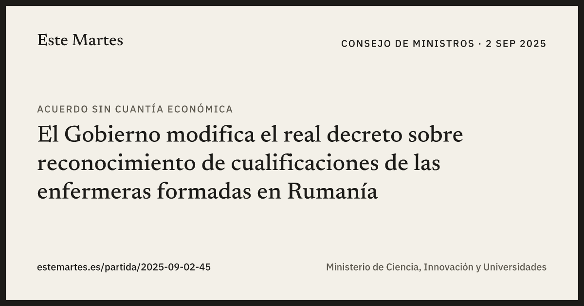 Tarjeta: El Gobierno modifica el real decreto sobre reconocimiento de cualificaciones de las enfermeras formadas en Rumanía