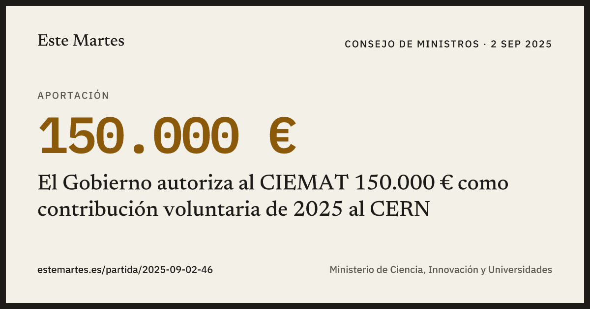 Tarjeta: El Gobierno autoriza al CIEMAT 150.000 € como contribución voluntaria de 2025 al CERN