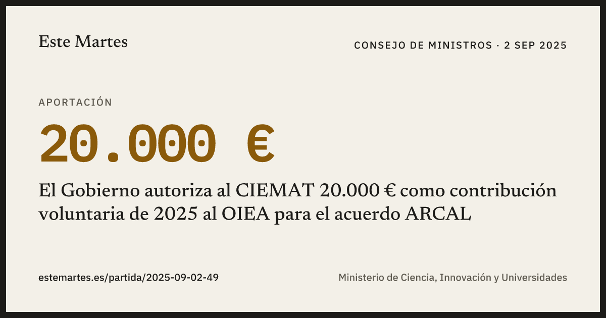 Tarjeta: El Gobierno autoriza al CIEMAT 20.000 € como contribución voluntaria de 2025 al OIEA para el acuerdo ARCAL