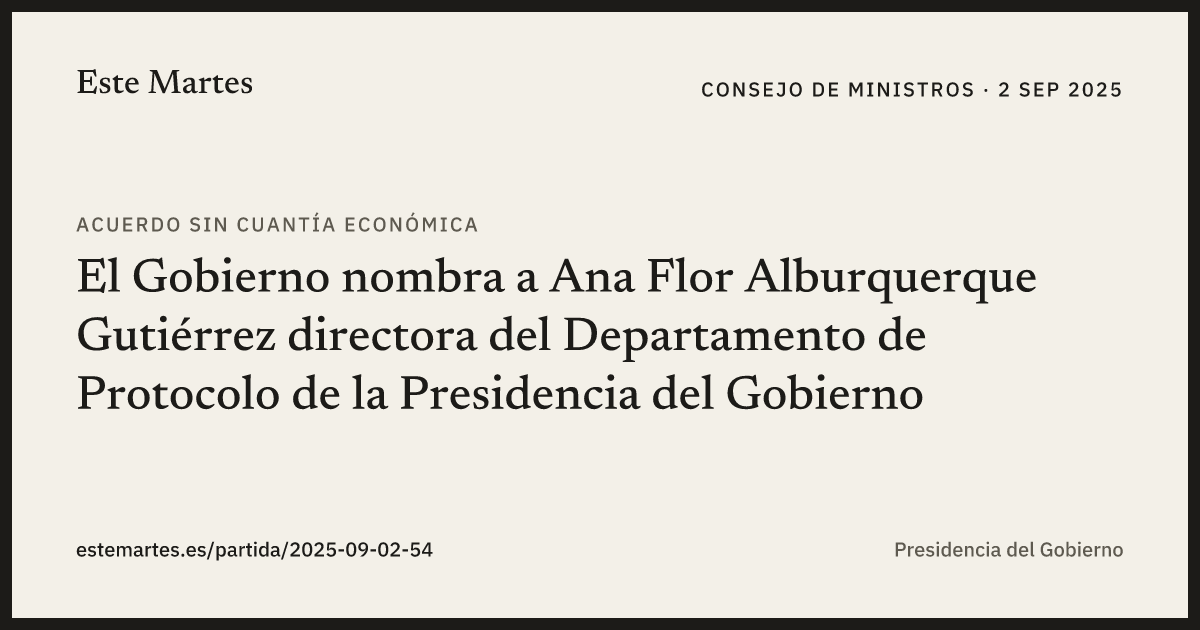 Tarjeta: El Gobierno nombra a Ana Flor Alburquerque Gutiérrez directora del Departamento de Protocolo de la Presidencia del Gobierno