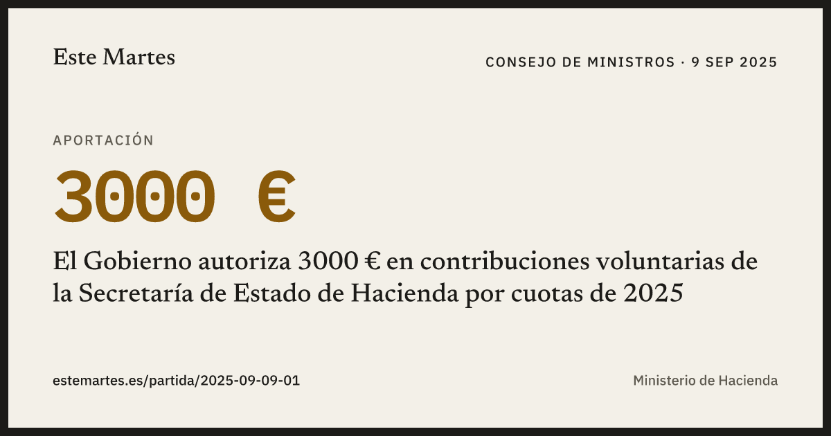 Tarjeta: El Gobierno autoriza 3000 € en contribuciones voluntarias de la Secretaría de Estado de Hacienda por cuotas de 2025