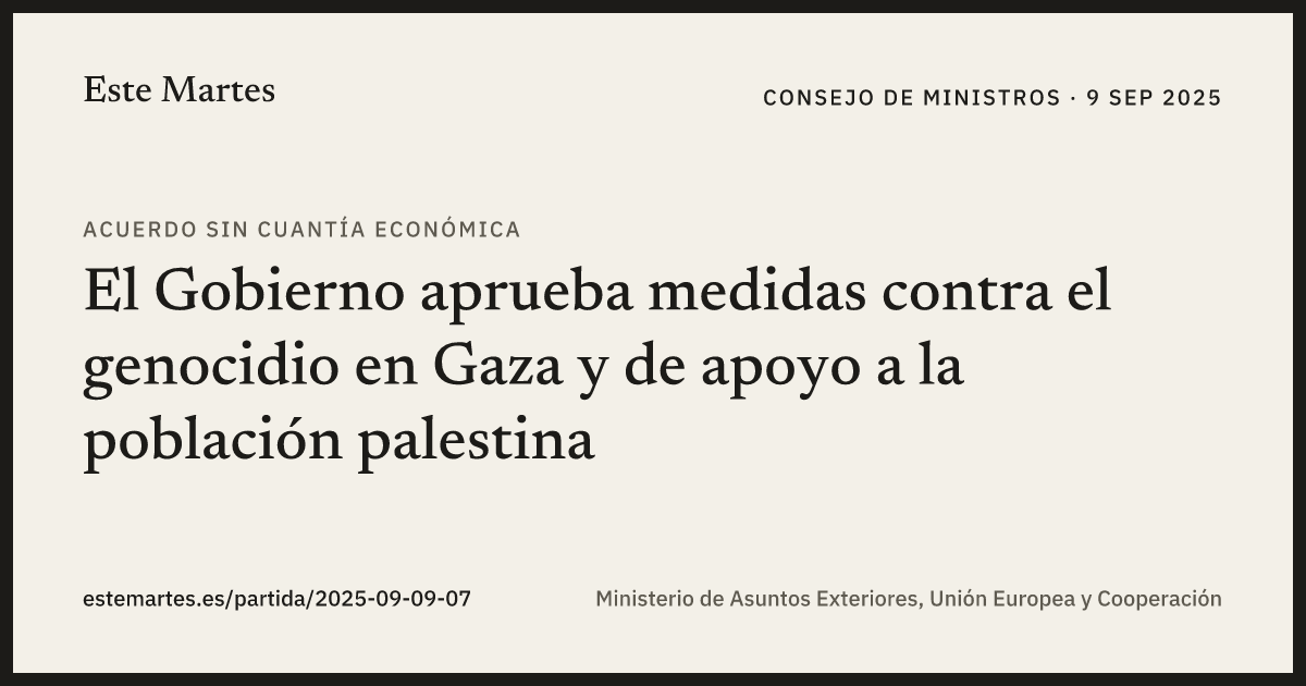 Tarjeta: El Gobierno aprueba medidas contra el genocidio en Gaza y de apoyo a la población palestina