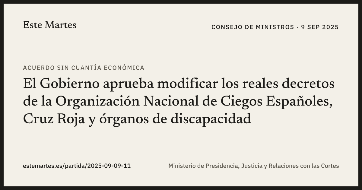 Tarjeta: El Gobierno aprueba modificar los reales decretos de la Organización Nacional de Ciegos Españoles, Cruz Roja y órganos de discapacidad
