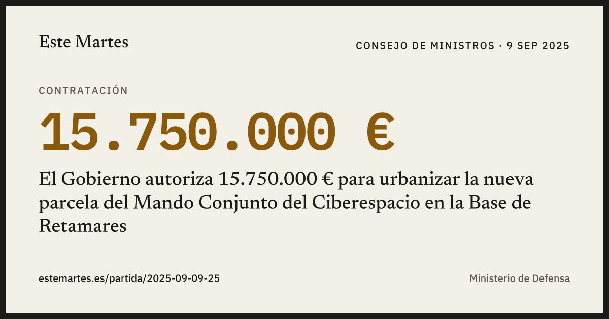 Tarjeta: El Gobierno autoriza 15.750.000 € para urbanizar la nueva parcela del Mando Conjunto del Ciberespacio en la Base de Retamares