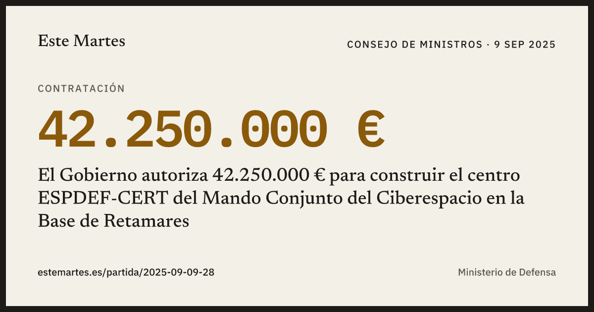 Tarjeta: El Gobierno autoriza 42.250.000 € para construir el centro ESPDEF-CERT del Mando Conjunto del Ciberespacio en la Base de Retamares