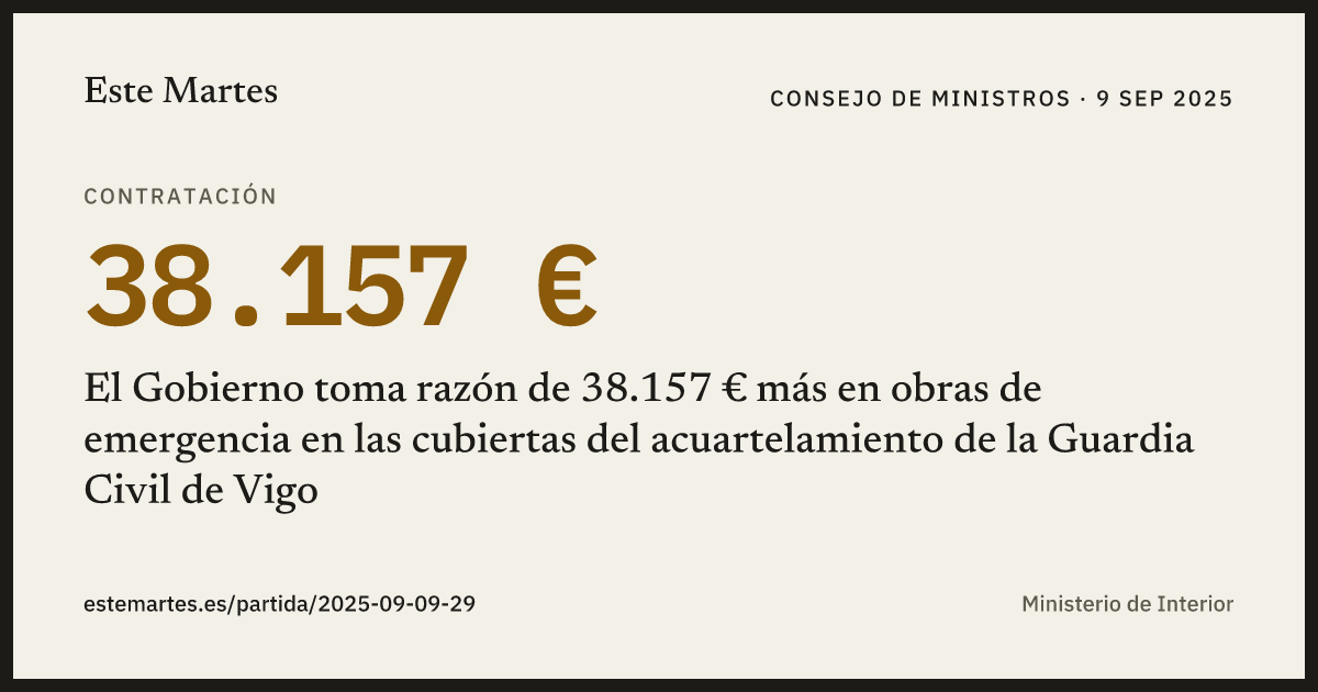 Tarjeta: El Gobierno toma razón de 38.157 € más en obras de emergencia en las cubiertas del acuartelamiento de la Guardia Civil de Vigo