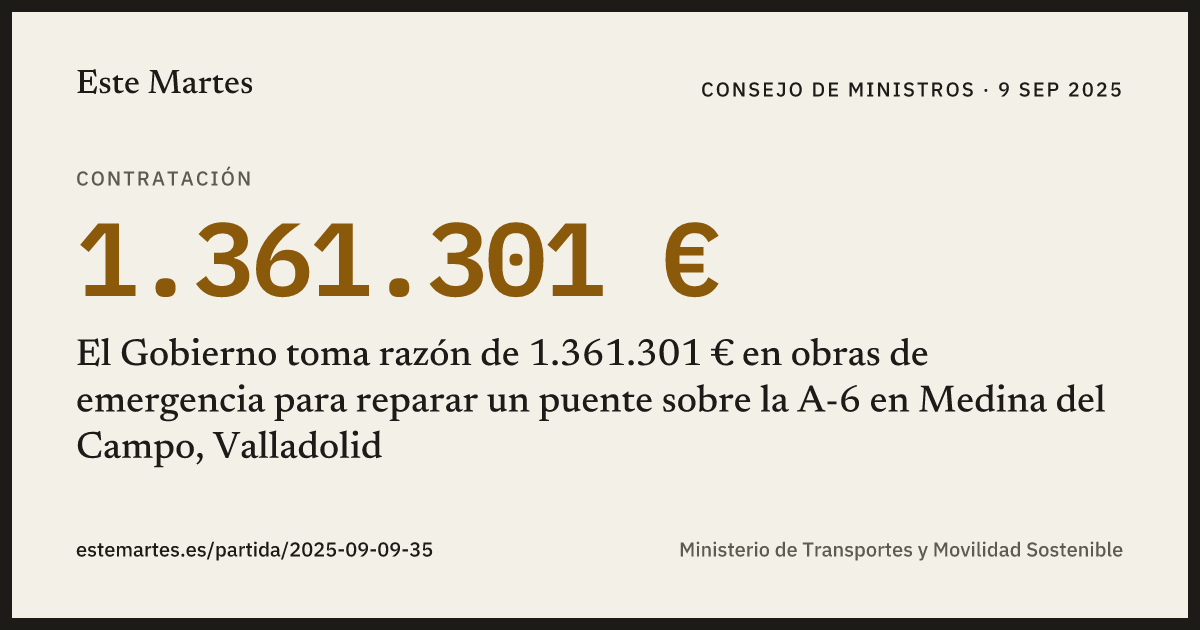 Tarjeta: El Gobierno toma razón de 1.361.301 € en obras de emergencia para reparar un puente sobre la A-6 en Medina del Campo, Valladolid