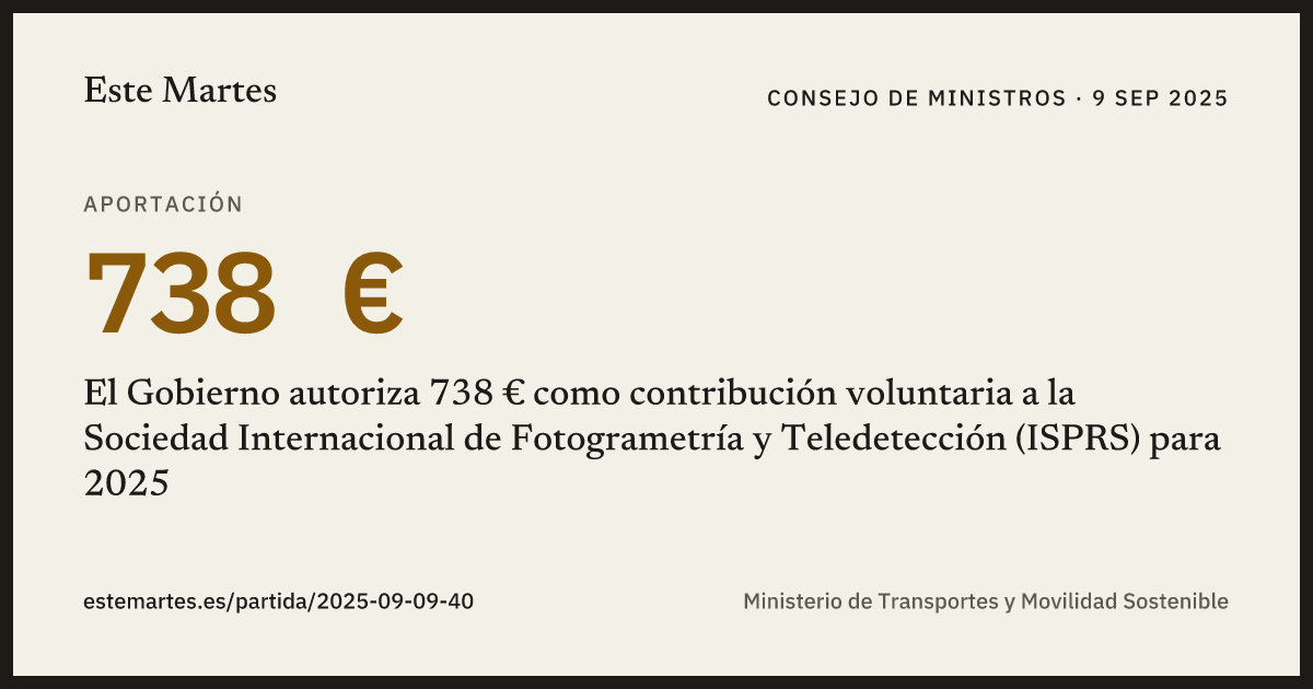 Tarjeta: El Gobierno autoriza 738 € como contribución voluntaria a la Sociedad Internacional de Fotogrametría y Teledetección (ISPRS) para 2025